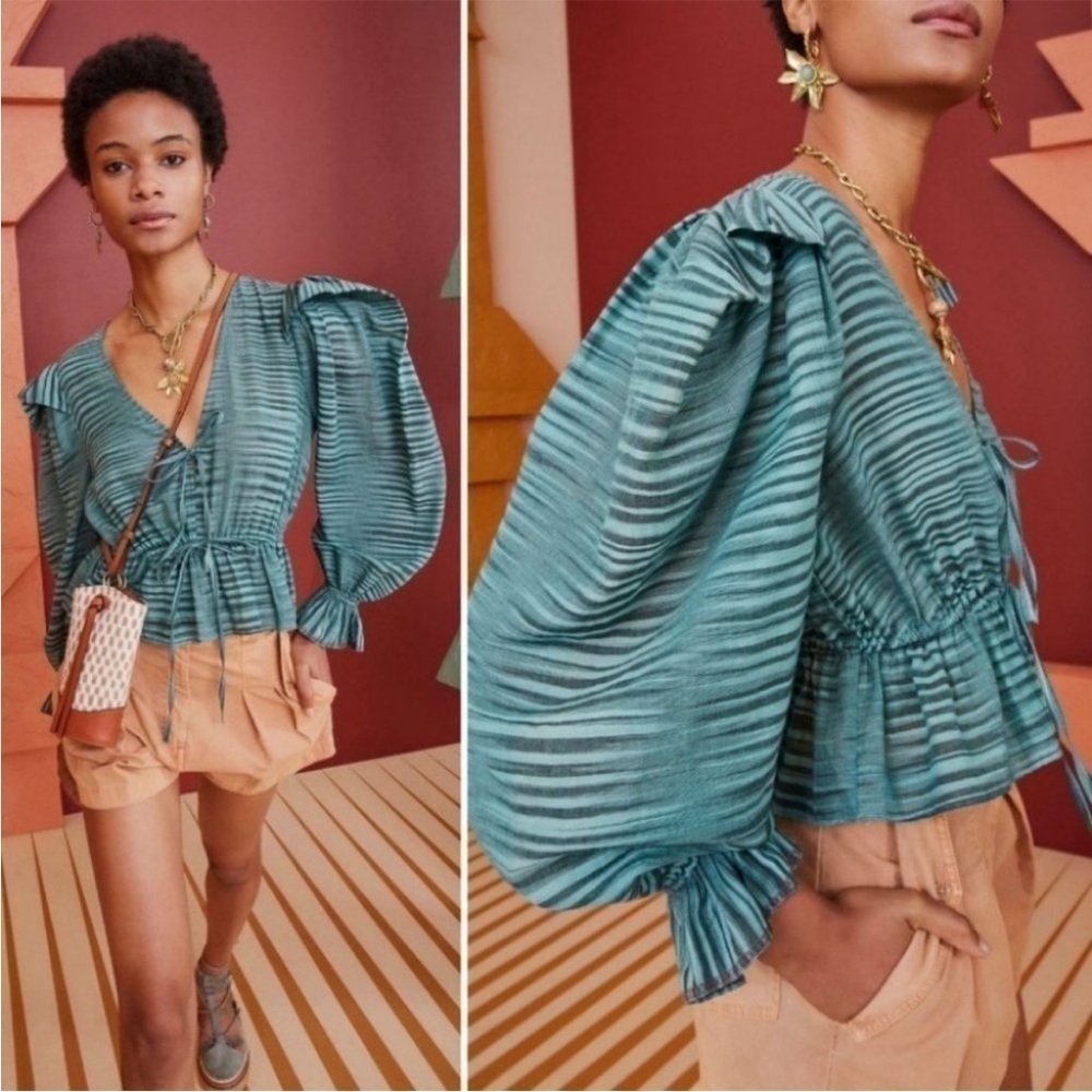 NWT ULLA JOHNSON Ophelia gathered striped cotton-voile peplum blouse